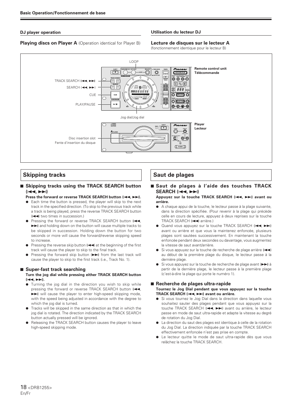 Skipping tracks, Saut de plages, 7 recherche de plages ultra-rapide | 7 super-fast track searching, Playing discs on player a, Lecture de disques sur le lecteur a, Drb1255> en/fr, Track, Tempo bpm, Operation identical for player b) | Pioneer CMX-5000 User Manual | Page 18 / 104