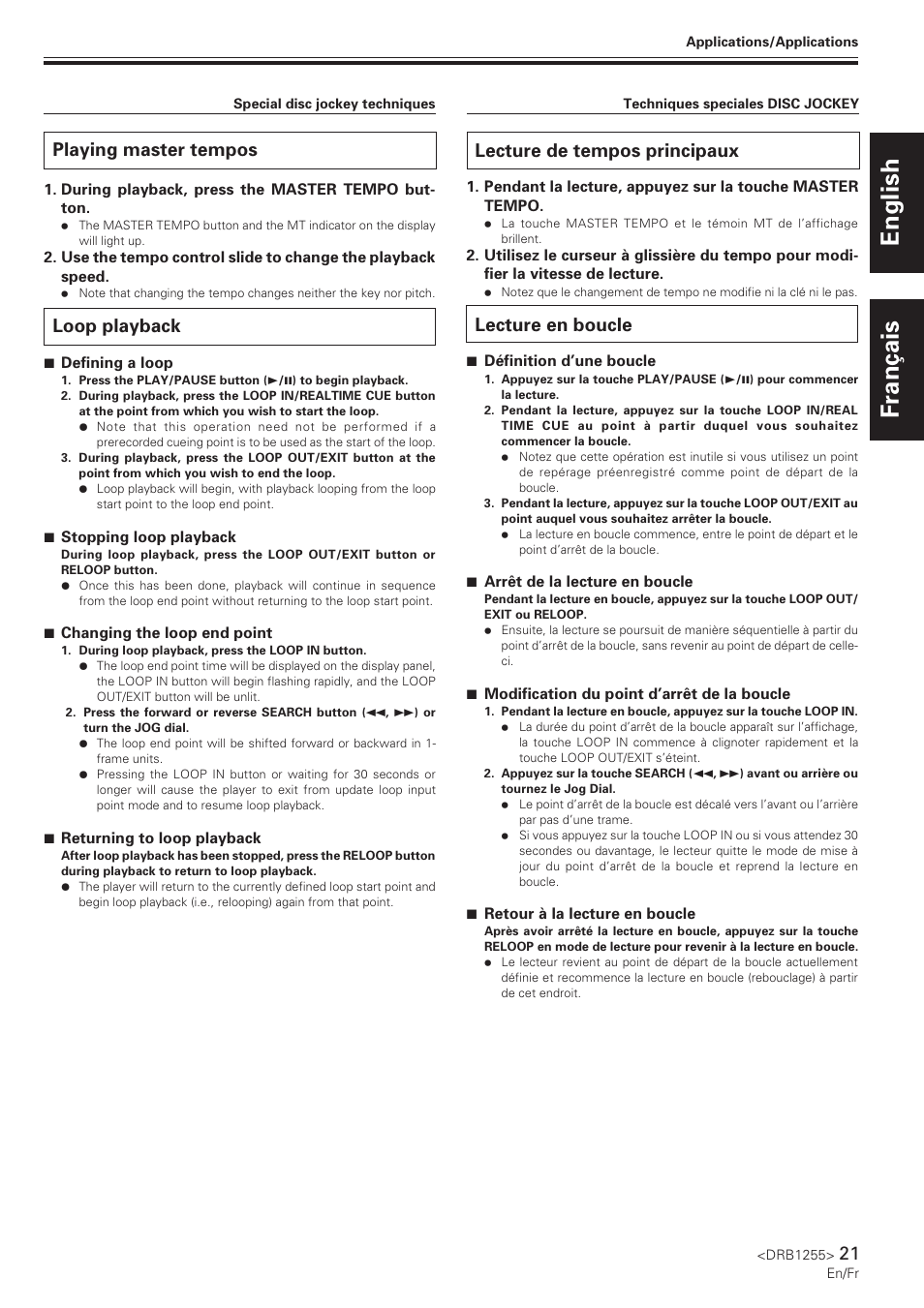Playing master tempos, Loop playback, Lecture de tempos principaux | Lecture en boucle, English français | Pioneer CMX-5000 User Manual | Page 21 / 104