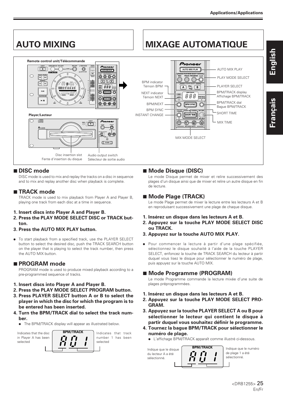 Auto mixing, Mixage automatique, Auto mixing mixage automatique | English français, 7 disc mode, 7 track mode, 7 program mode, 7 mode disque (disc), 7 mode plage (track), 7 mode programme (program) | Pioneer CMX-5000 User Manual | Page 25 / 104