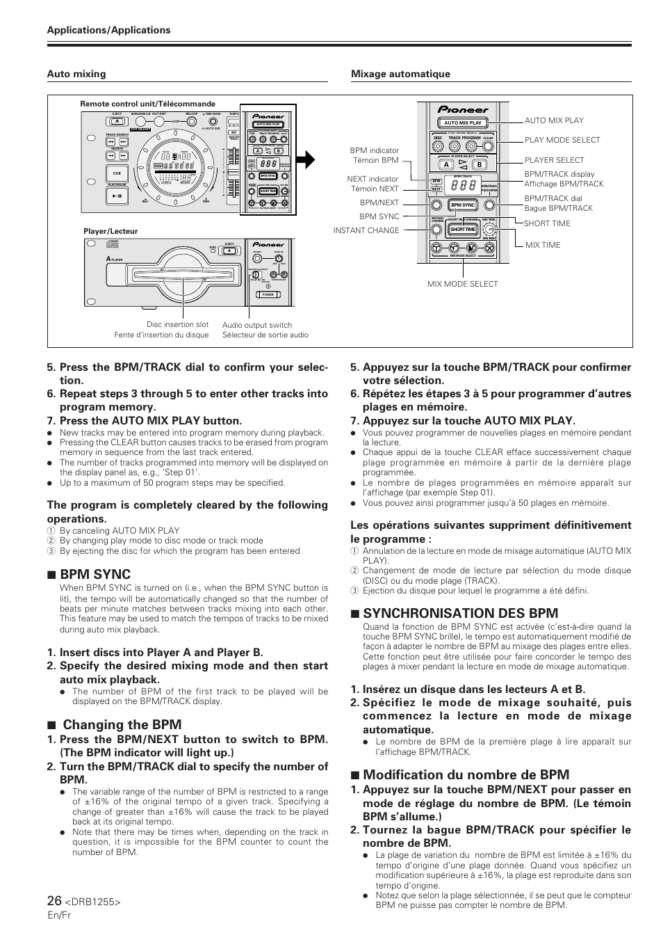 7 bpm sync, 7 changing the bpm, 7 synchronisation des bpm | 7 modification du nombre de bpm, Drb1255> en/fr, Track, Tempo bpm | Pioneer CMX-5000 User Manual | Page 26 / 104