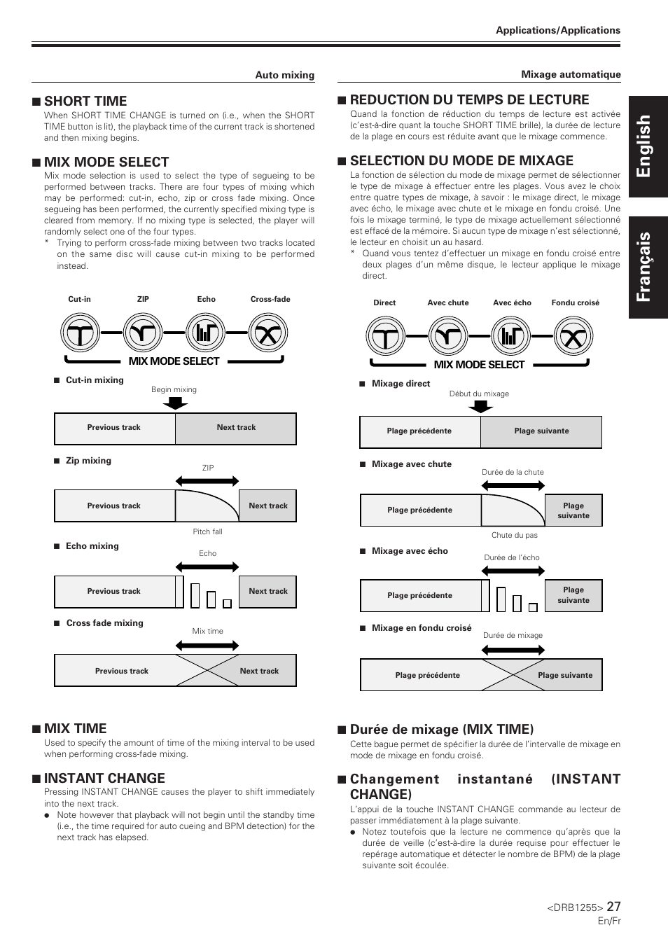 English français, 7 short time, 7 mix mode select | 7 reduction du temps de lecture, 7 selection du mode de mixage, 7 mix time, 7 instant change, 7 durée de mixage (mix time), 7 changement instantané (instant change) | Pioneer CMX-5000 User Manual | Page 27 / 104