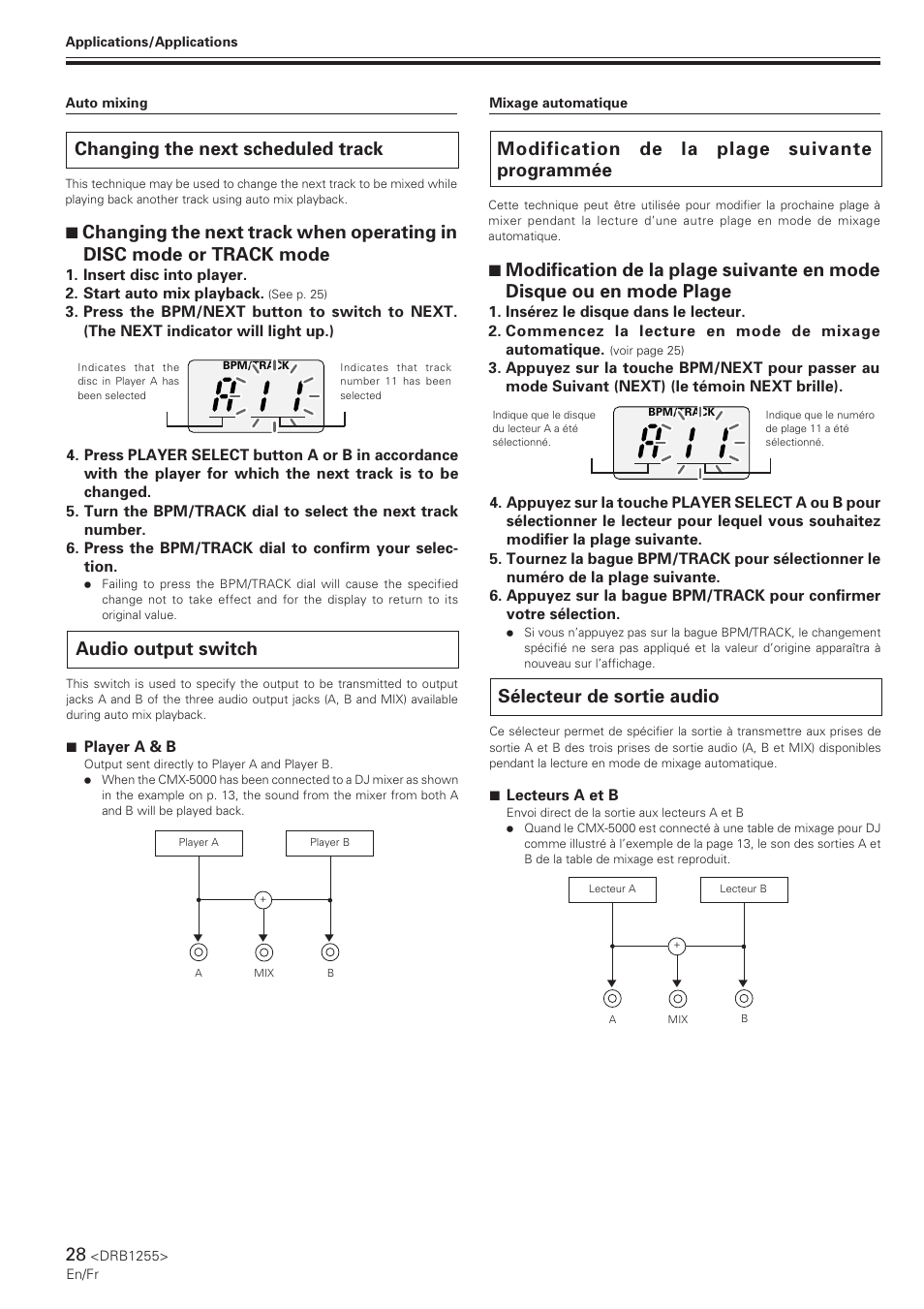 Changing the next scheduled track, Audio output switch, Modification de la plage suivante programmée | Sélecteur de sortie audio | Pioneer CMX-5000 User Manual | Page 28 / 104