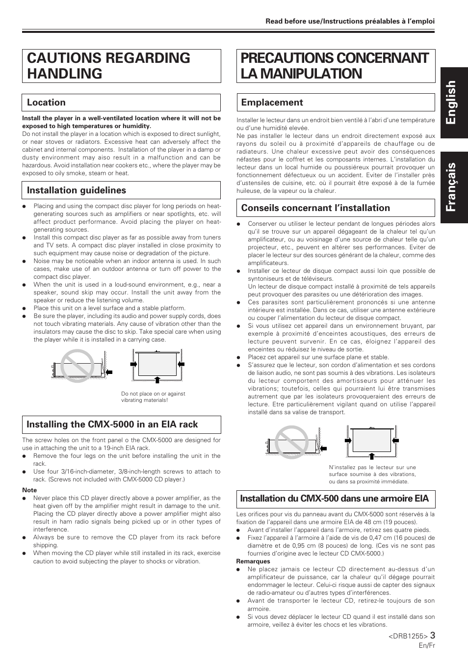 Cautions regarding handling, Precautions concernant la manipulation, English français | Location, Installation guidelines, Emplacement, Conseils concernant l’installation, Installing the cmx-5000 in an eia rack, Installation du cmx-500 dans une armoire eia | Pioneer CMX-5000 User Manual | Page 3 / 104