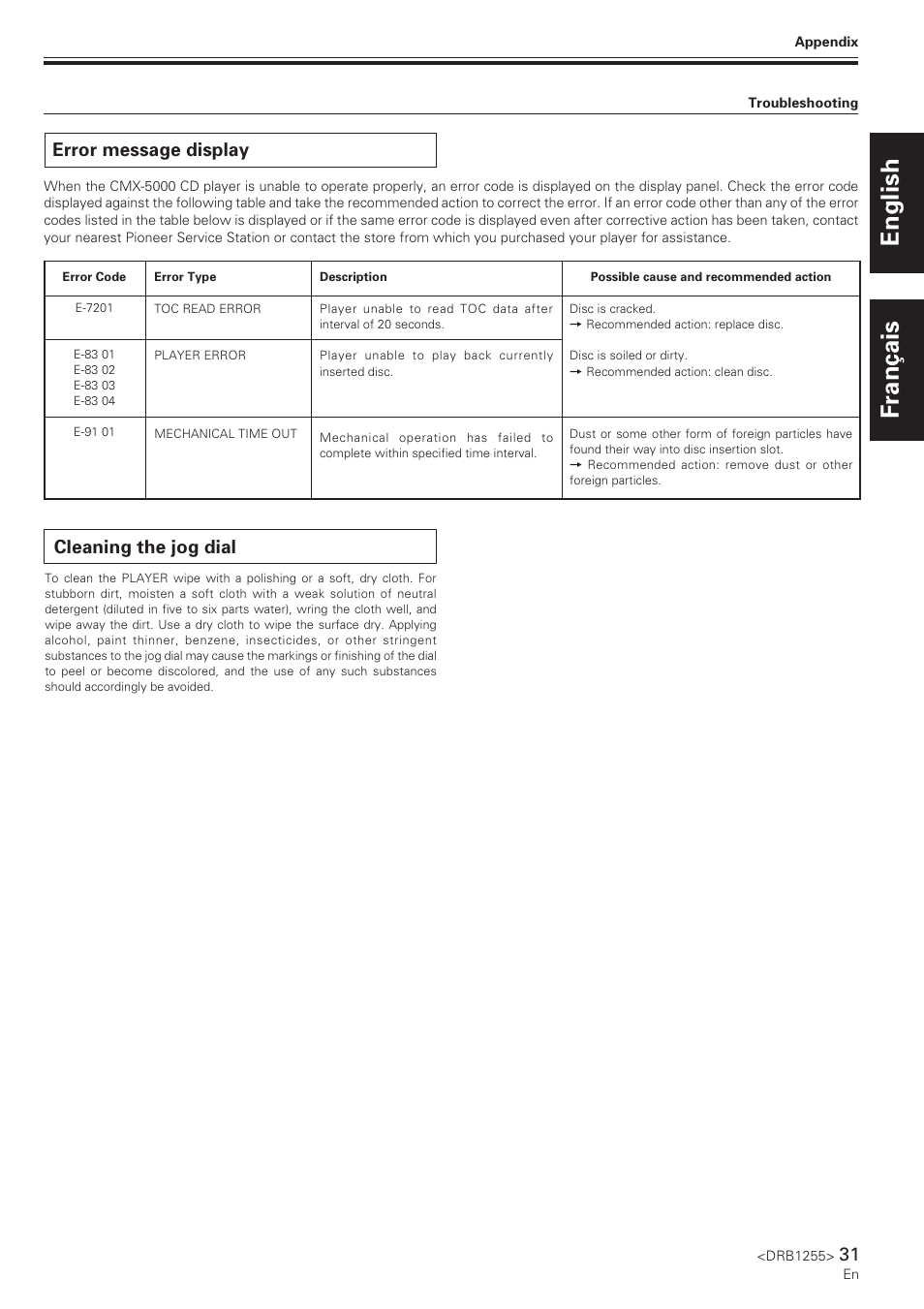 Error message display, Cleaning the jog dial, English français | Pioneer CMX-5000 User Manual | Page 31 / 104