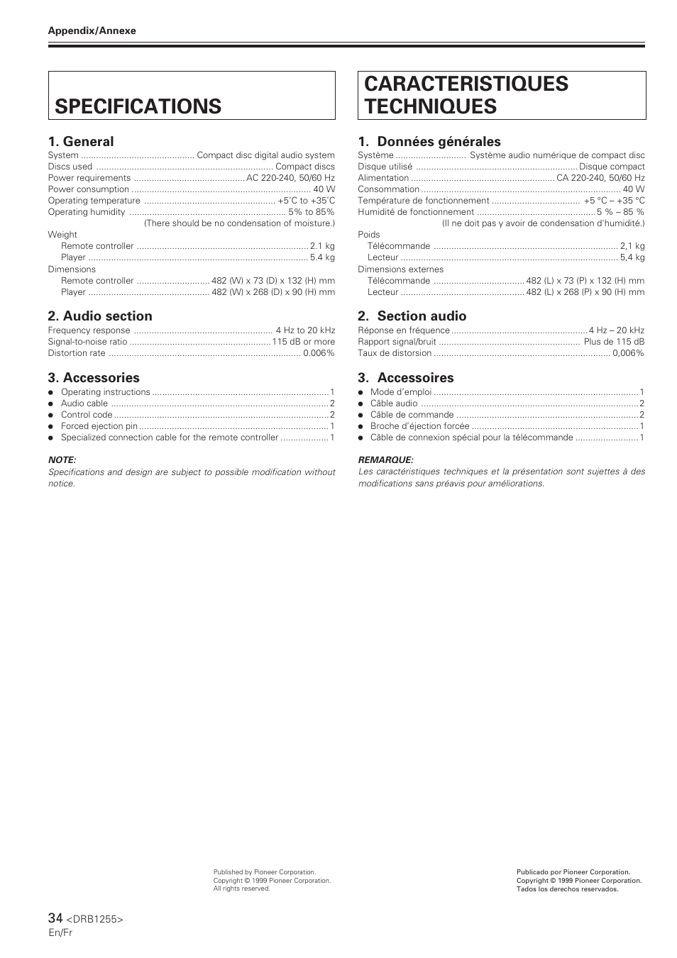 Specifications, Caracteristiques techniques, Données générales | Accessoires, General, Accessories | Pioneer CMX-5000 User Manual | Page 34 / 104