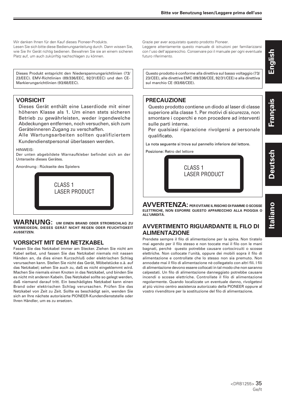 Deutsch italiano, English français, Warnung | Avvertenza | Pioneer CMX-5000 User Manual | Page 35 / 104