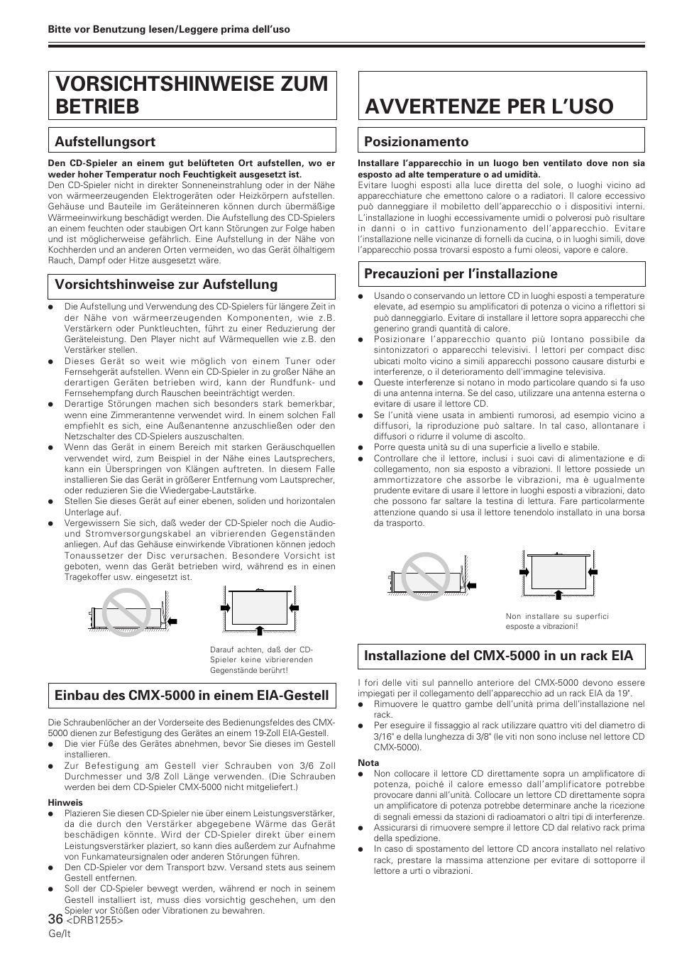 Vorsichtshinweise zum betrieb avvertenze per l’uso, Aufstellungsort, Vorsichtshinweise zur aufstellung | Einbau des cmx-5000 in einem eia-gestell, Posizionamento, Precauzioni per l’installazione, Installazione del cmx-5000 in un rack eia | Pioneer CMX-5000 User Manual | Page 36 / 104