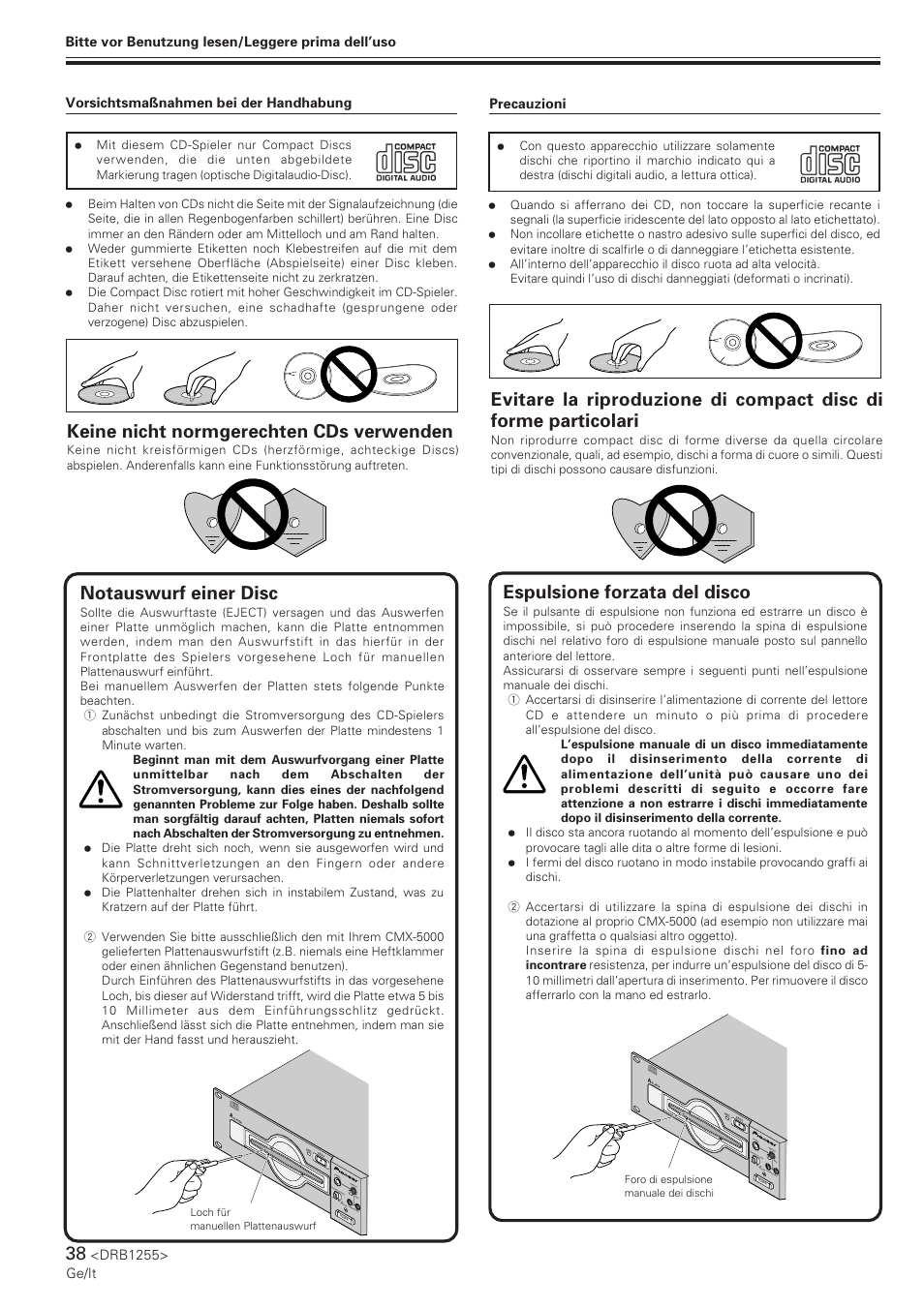 Notauswurf einer disc, Espulsione forzata del disco, Keine nicht normgerechten cds verwenden | Pioneer CMX-5000 User Manual | Page 38 / 104