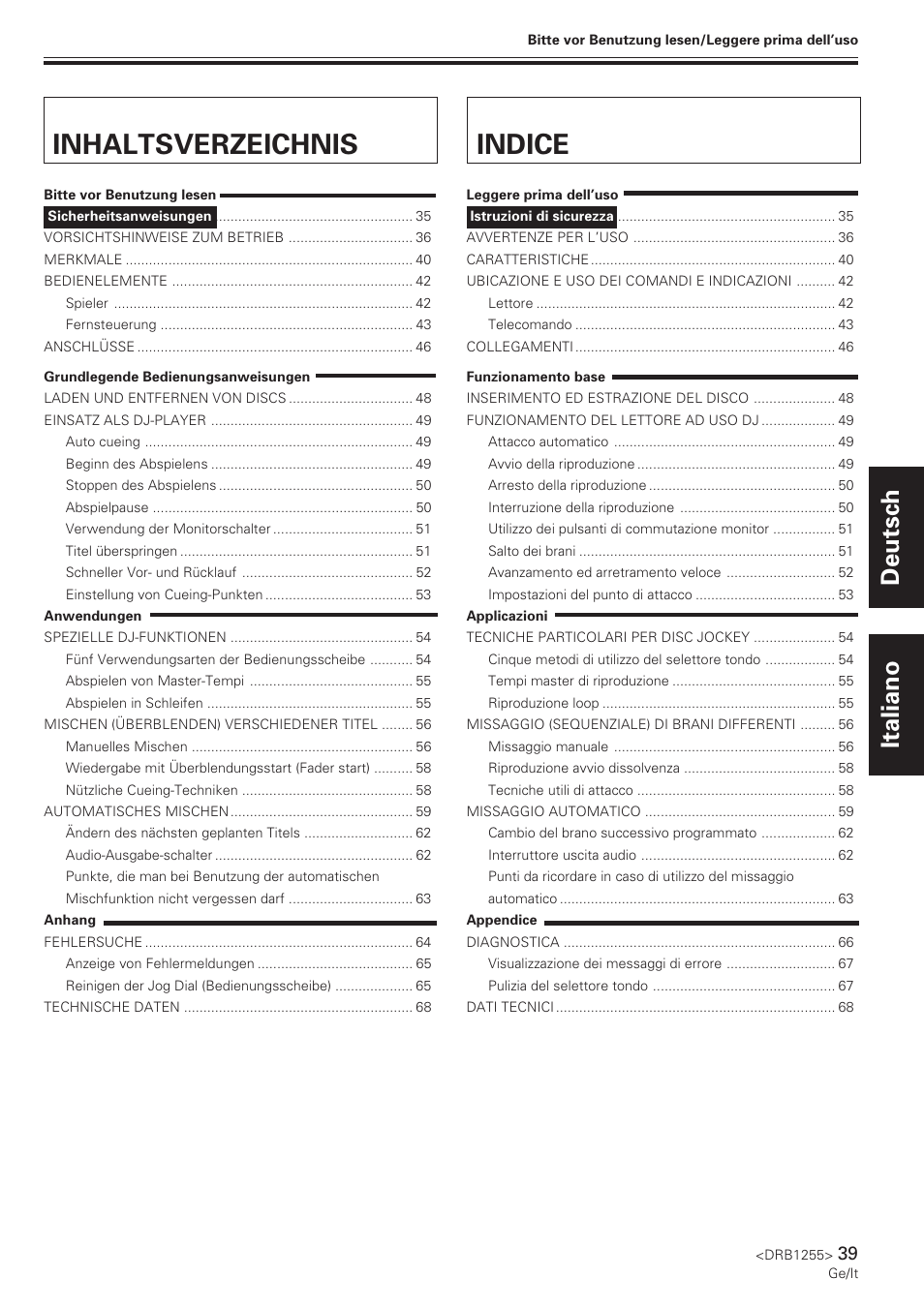 Inhaltsverzeichnis indice, Deutsch italiano | Pioneer CMX-5000 User Manual | Page 39 / 104