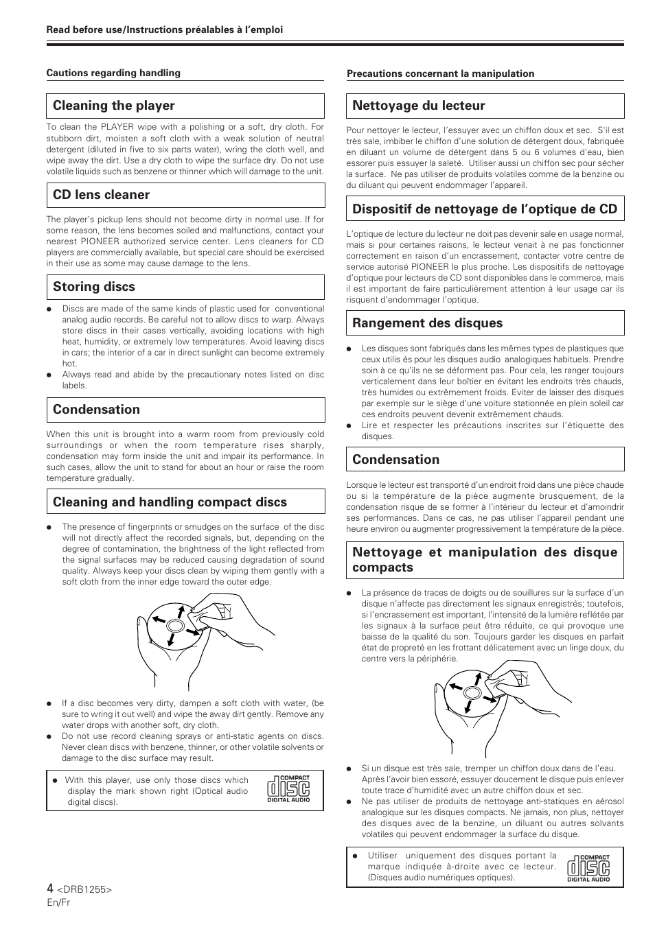 Cleaning the player, Cd lens cleaner, Storing discs | Condensation, Cleaning and handling compact discs, Nettoyage du lecteur, Dispositif de nettoyage de l’optique de cd, Rangement des disques, Nettoyage et manipulation des disque compacts | Pioneer CMX-5000 User Manual | Page 4 / 104