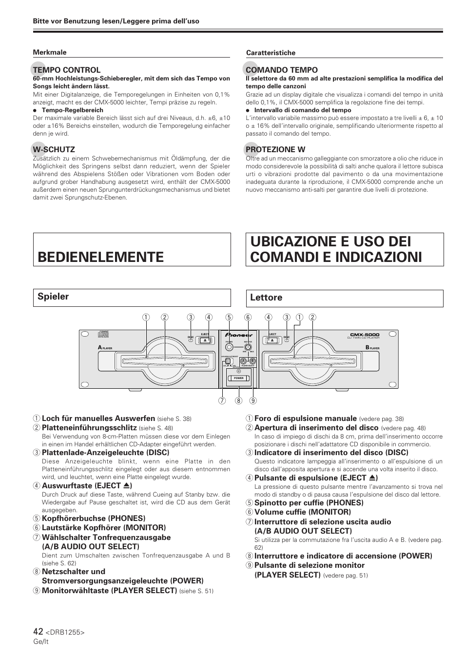 Bedienelemente, Spieler, Ubicazione e uso dei comandi e indicazioni | Lettore, Tempo control, W-schutz, Comando tempo, Protezione w, 1 loch für manuelles auswerfen, 2 platteneinführungsschlitz | Pioneer CMX-5000 User Manual | Page 42 / 104