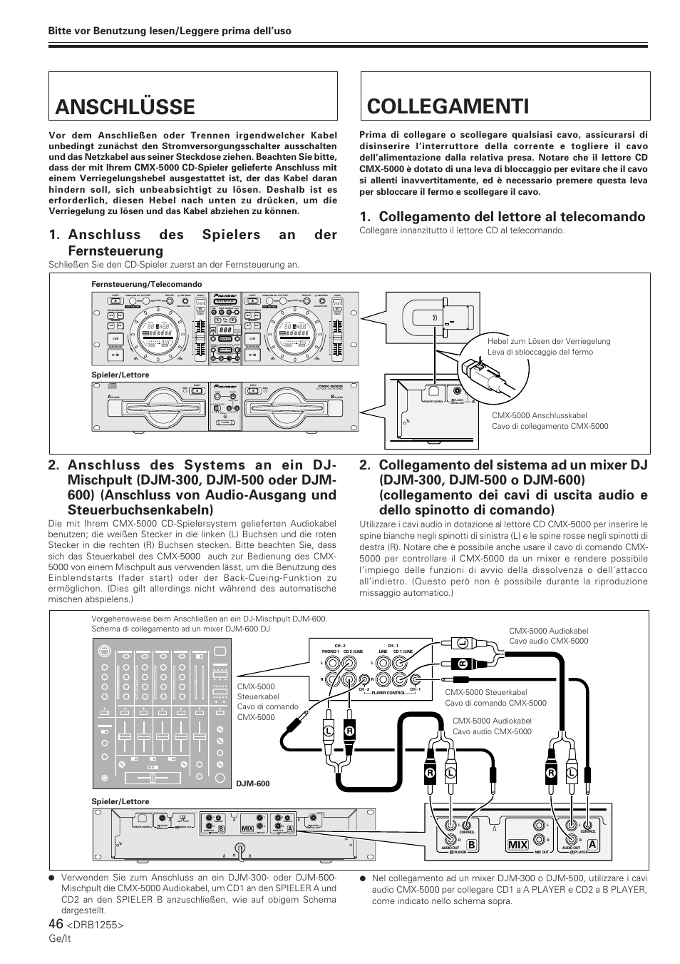 Anschlüsse, Collegamenti, Anschluss des spielers an der fernsteuerung | Collegamento del lettore al telecomando, Drb1255> ge/it, Track, Ms f, Min max track, A•b audio-out select, Bitte vor benutzung lesen/leggere prima dell’uso | Pioneer CMX-5000 User Manual | Page 46 / 104