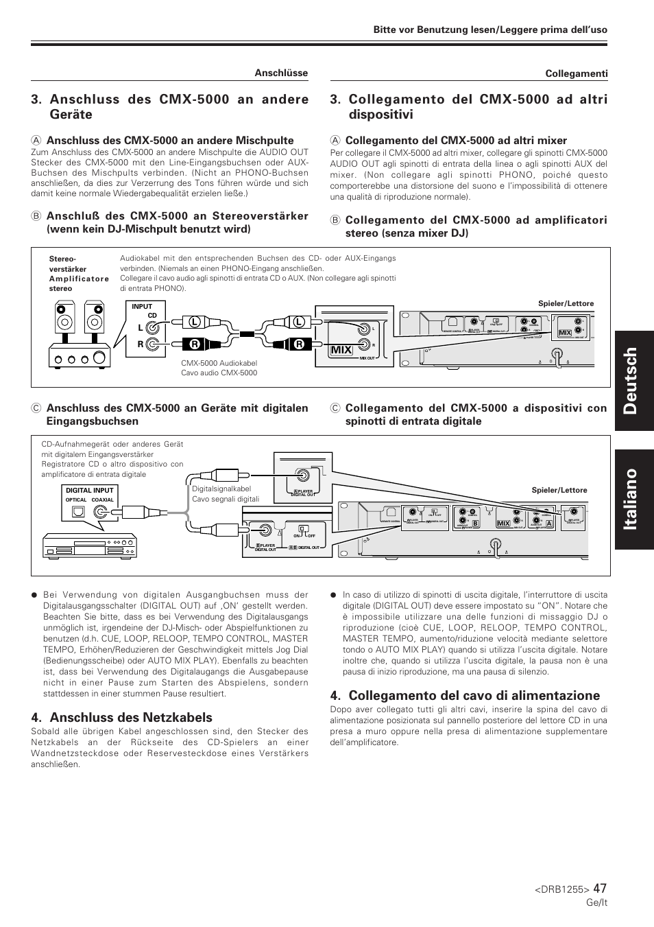 Deutsch italiano, Anschluss des netzkabels, Collegamento del cavo di alimentazione | Collegamento del cmx-5000 ad altri dispositivi, Anschluss des cmx-5000 an andere geräte, A collegamento del cmx-5000 ad altri mixer, A anschluss des cmx-5000 an andere mischpulte, Drb1255, Ge/it | Pioneer CMX-5000 User Manual | Page 47 / 104