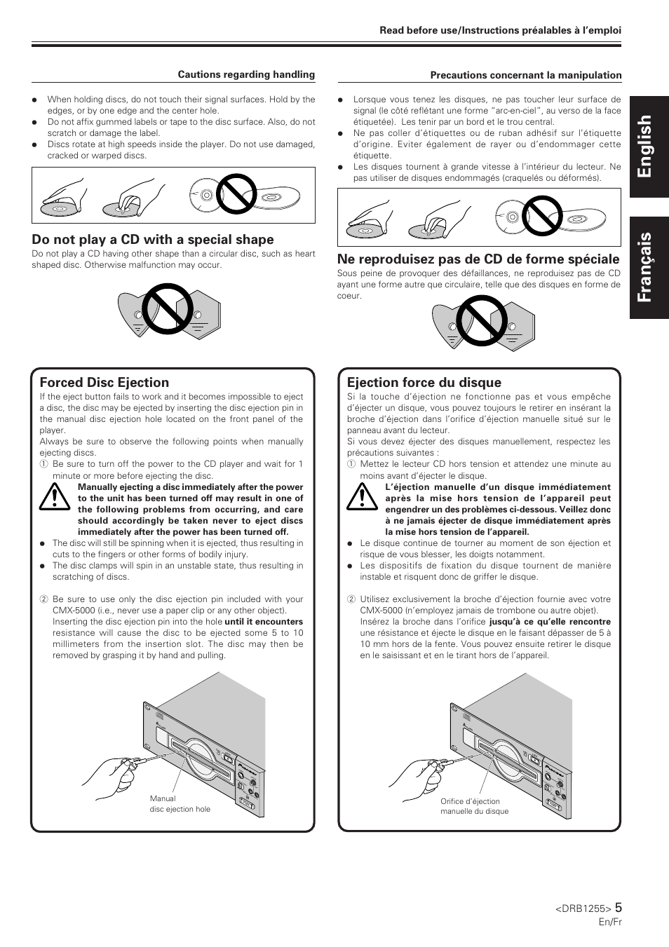 English français, Do not play a cd with a special shape, Ne reproduisez pas de cd de forme spéciale | Forced disc ejection, Ejection force du disque | Pioneer CMX-5000 User Manual | Page 5 / 104