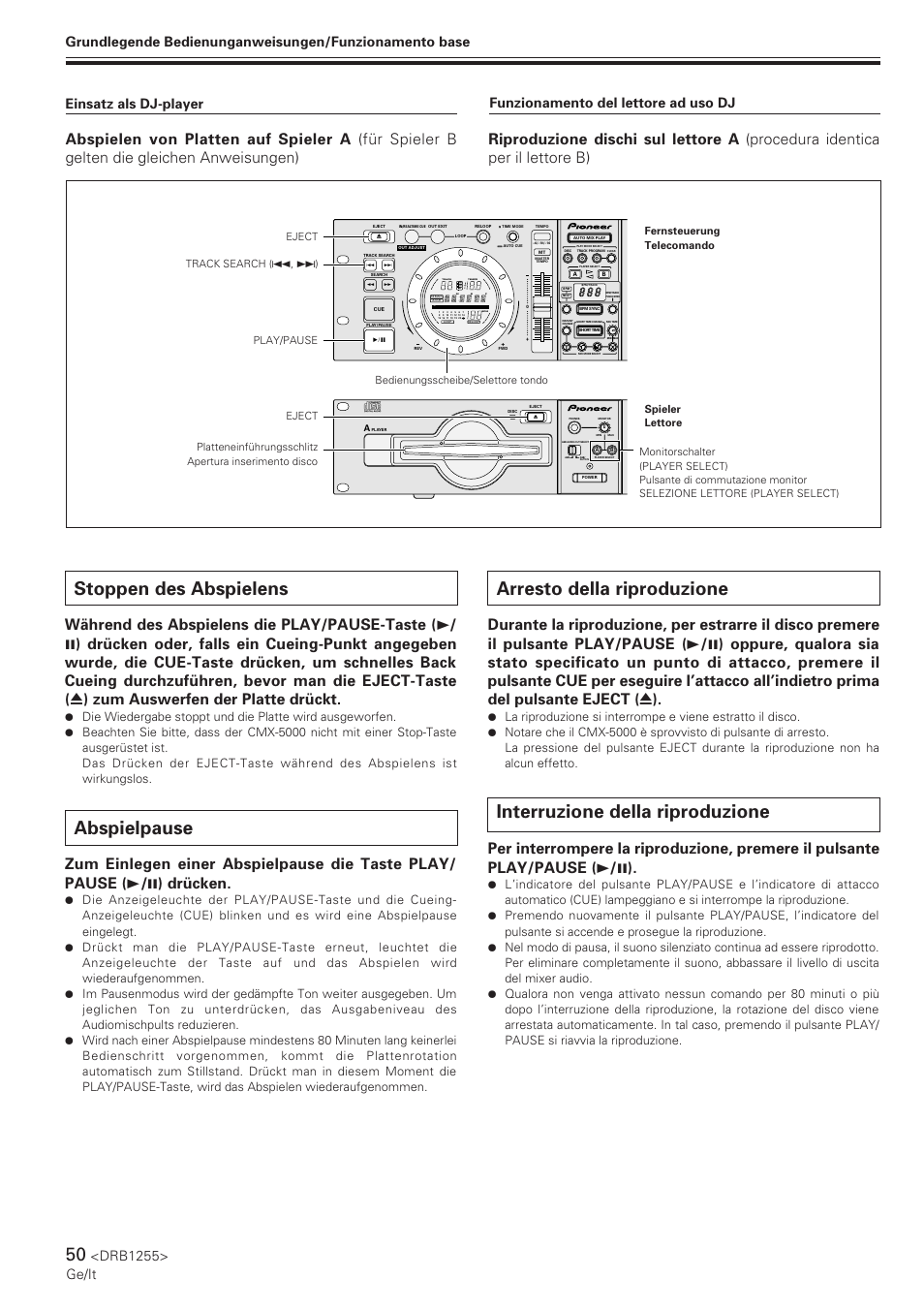 Stoppen des abspielens, Abspielpause, Arresto della riproduzione | Interruzione della riproduzione, Drb1255> ge/it, Track, Tempo bpm | Pioneer CMX-5000 User Manual | Page 50 / 104