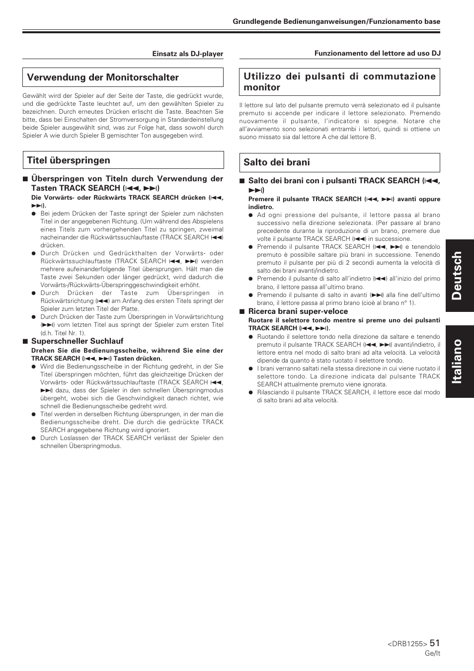 Verwendung der monitorschalter, Titel überspringen, Utilizzo dei pulsanti di commutazione monitor | Salto dei brani, Deutsch italiano | Pioneer CMX-5000 User Manual | Page 51 / 104