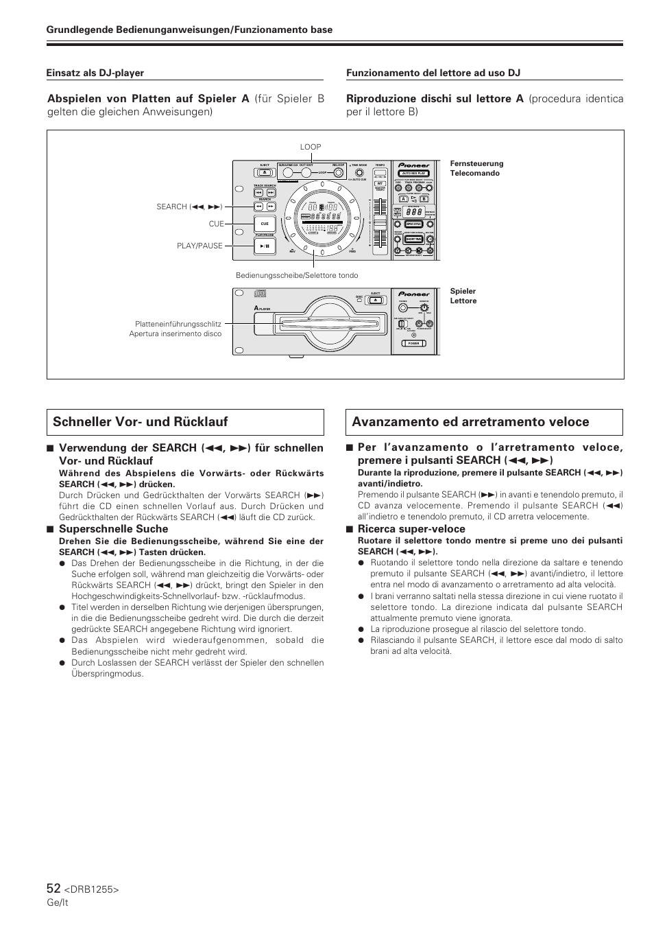 Schneller vor- und rücklauf, Avanzamento ed arretramento veloce, 7 superschnelle suche | 7 ricerca super-veloce, Drb1255> ge/it, Track, Tempo bpm | Pioneer CMX-5000 User Manual | Page 52 / 104