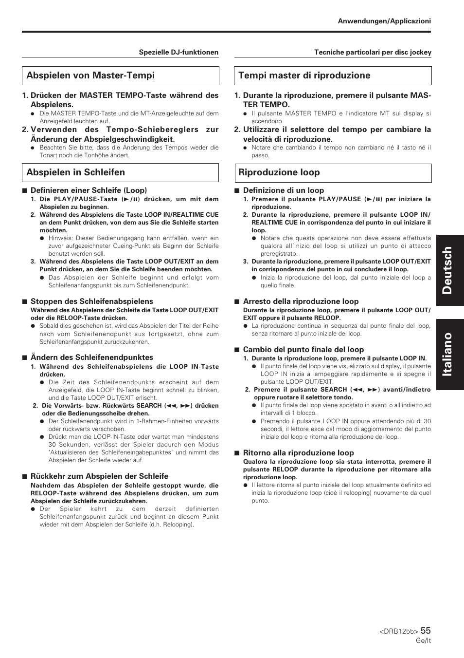 Abspielen von master-tempi, Abspielen in schleifen, Tempi master di riproduzione | Riproduzione loop, Deutsch italiano | Pioneer CMX-5000 User Manual | Page 55 / 104