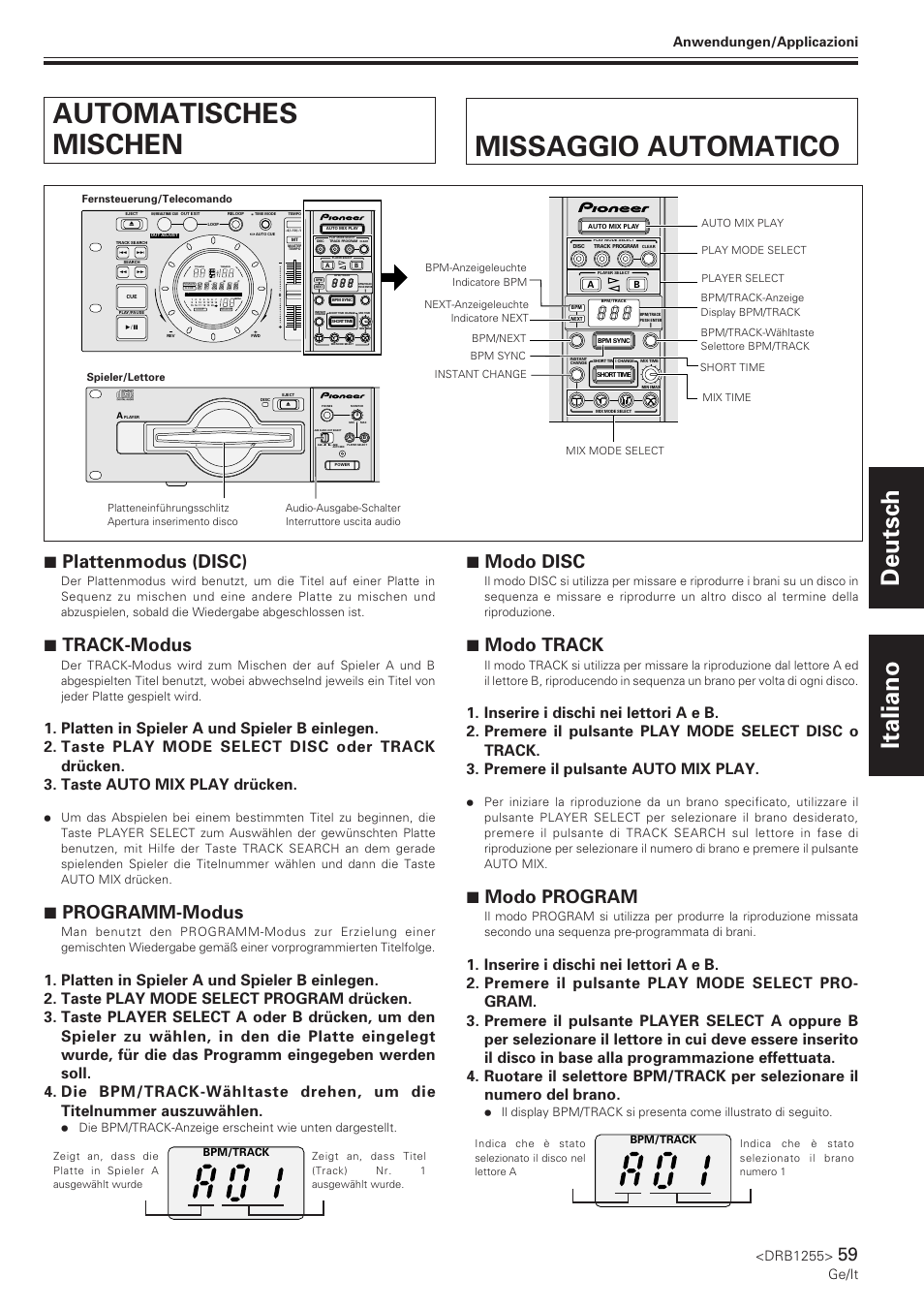 Automatisches mischen, Missaggio automatico, Automatisches mischen missaggio automatico | Deutsch italiano, 7 plattenmodus (disc), 7 track-modus, 7 programm-modus, 7 modo disc, 7 modo track, 7 modo program | Pioneer CMX-5000 User Manual | Page 59 / 104