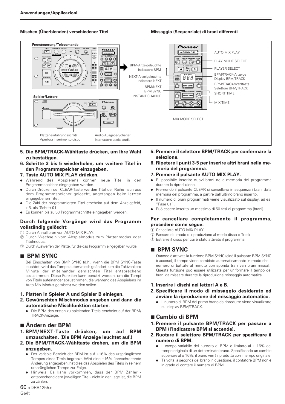 7 bpm sync, 7 ändern der bpm, 7 cambio di bpm | Drb1255> ge/it, Track, Tempo bpm | Pioneer CMX-5000 User Manual | Page 60 / 104