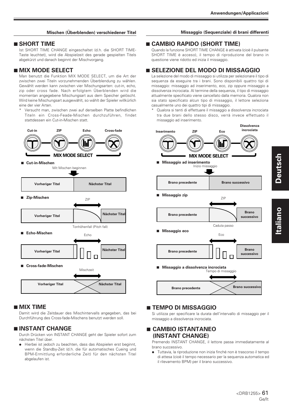 Deutsch italiano, 7 cambio rapido (short time), 7 selezione del modo di missaggio | 7 short time, 7 mix mode select, 7 mix time, 7 instant change, 7 tempo di missaggio, 7 cambio istantaneo (instant change) | Pioneer CMX-5000 User Manual | Page 61 / 104