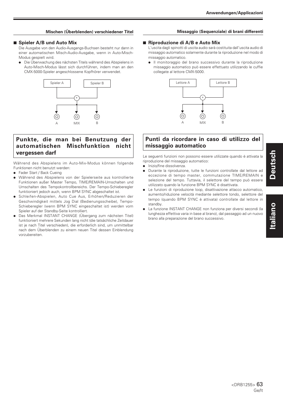Punkte, die man bei benutzung der automatischen, Mischfunktion nicht vergessen darf, Automatico | Deutsch italiano | Pioneer CMX-5000 User Manual | Page 63 / 104