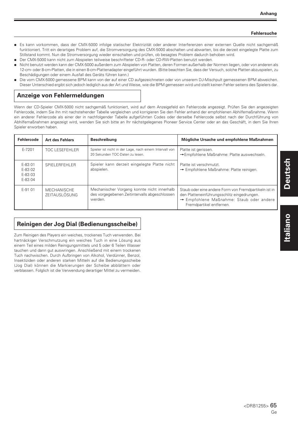 Anzeige von fehlermeldungen, Reinigen der jog dial (bedienungsscheibe), Deutsch italiano | Pioneer CMX-5000 User Manual | Page 65 / 104