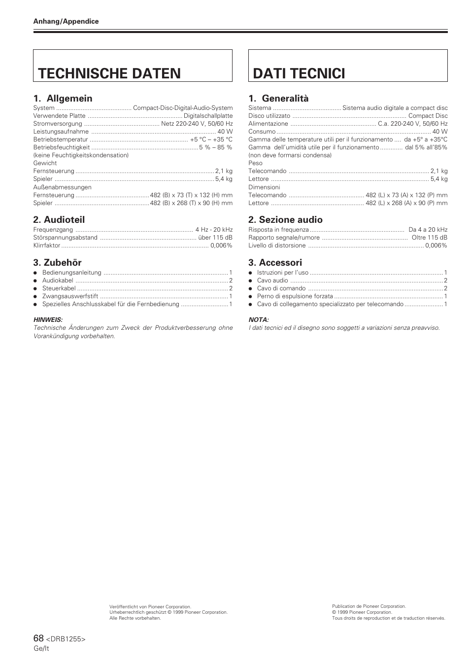 Technische daten, Dati tecnici, Allgemein | Audioteil, Zubehör, Generalità, Sezione audio, Accessori | Pioneer CMX-5000 User Manual | Page 68 / 104