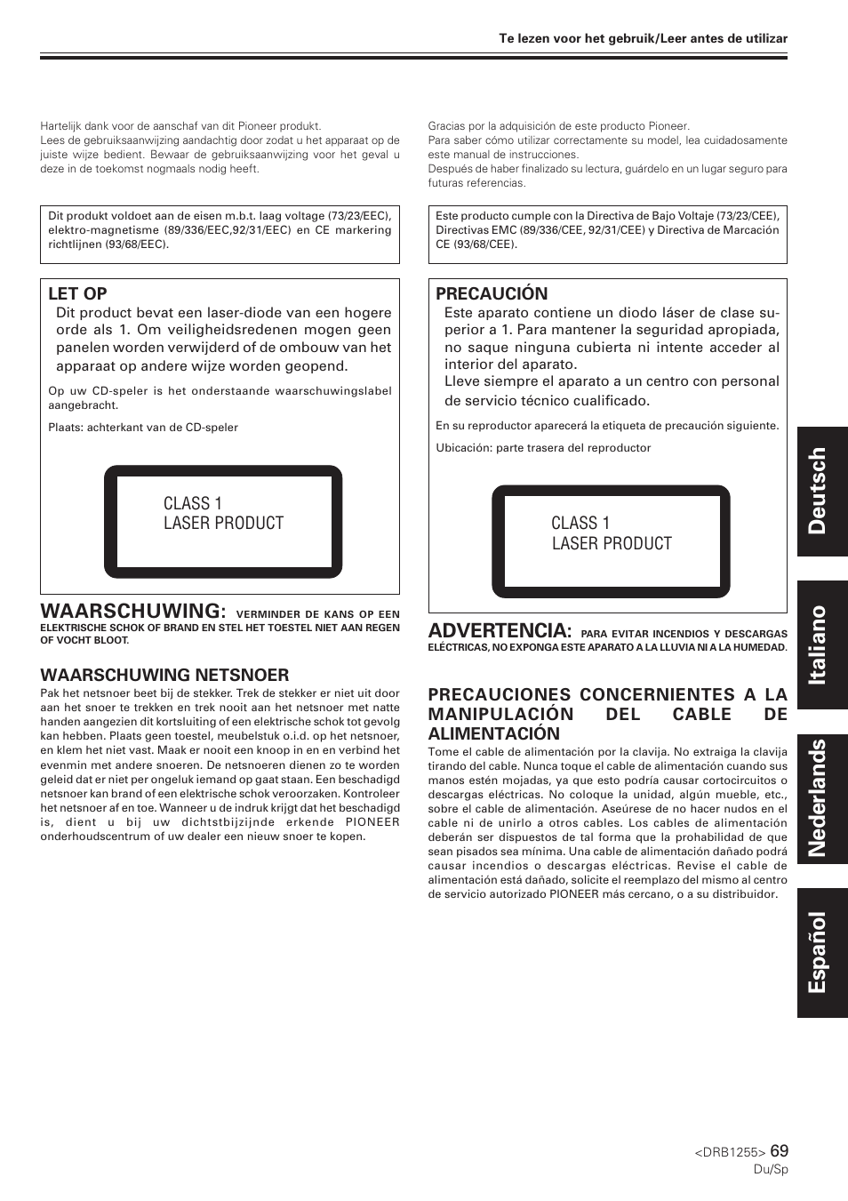 Nederlands español, Deutsch italiano, Waarschuwing | Advertencia | Pioneer CMX-5000 User Manual | Page 69 / 104