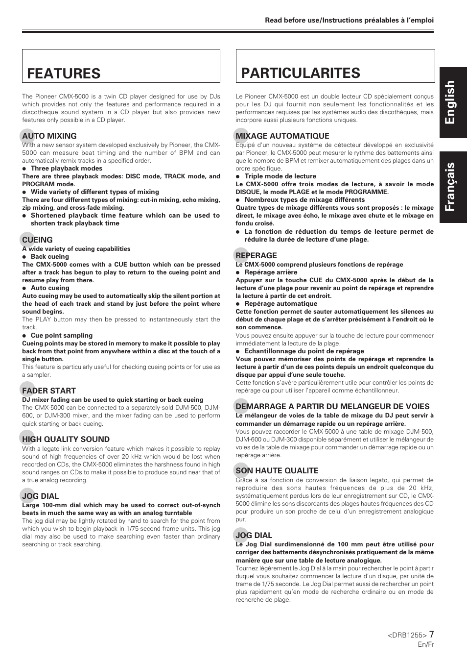 Features, Particularites, Features particularites | English français | Pioneer CMX-5000 User Manual | Page 7 / 104