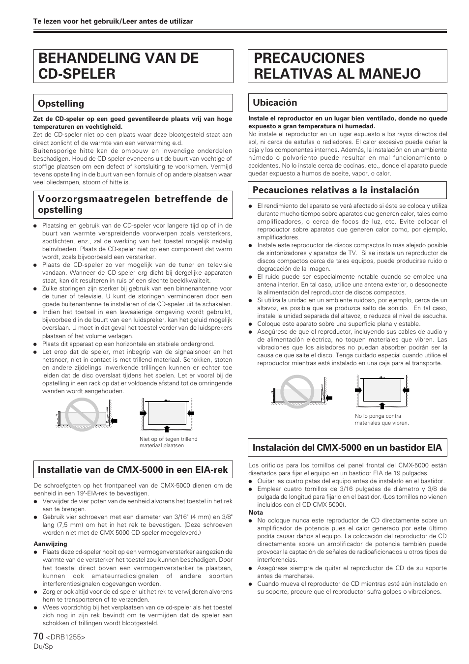 Ubicación, Pecauciones relativas a la instalación, Opstelling | Voorzorgsmaatregelen betreffende de opstelling, Installatie van de cmx-5000 in een eia-rek, Instalación del cmx-5000 en un bastidor eia | Pioneer CMX-5000 User Manual | Page 70 / 104