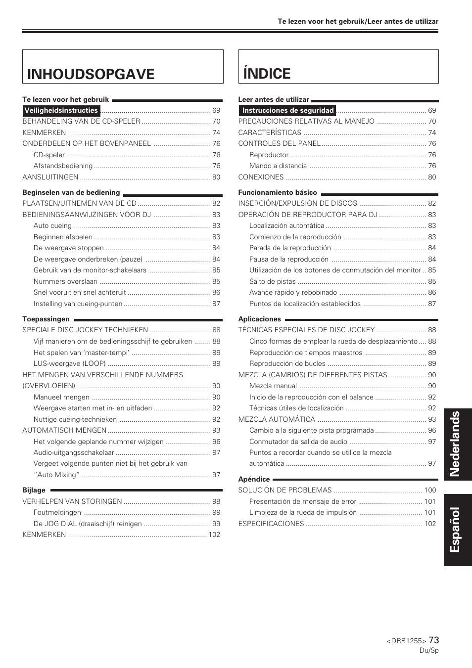 Inhoudsopgave índice, Nederlands español | Pioneer CMX-5000 User Manual | Page 73 / 104