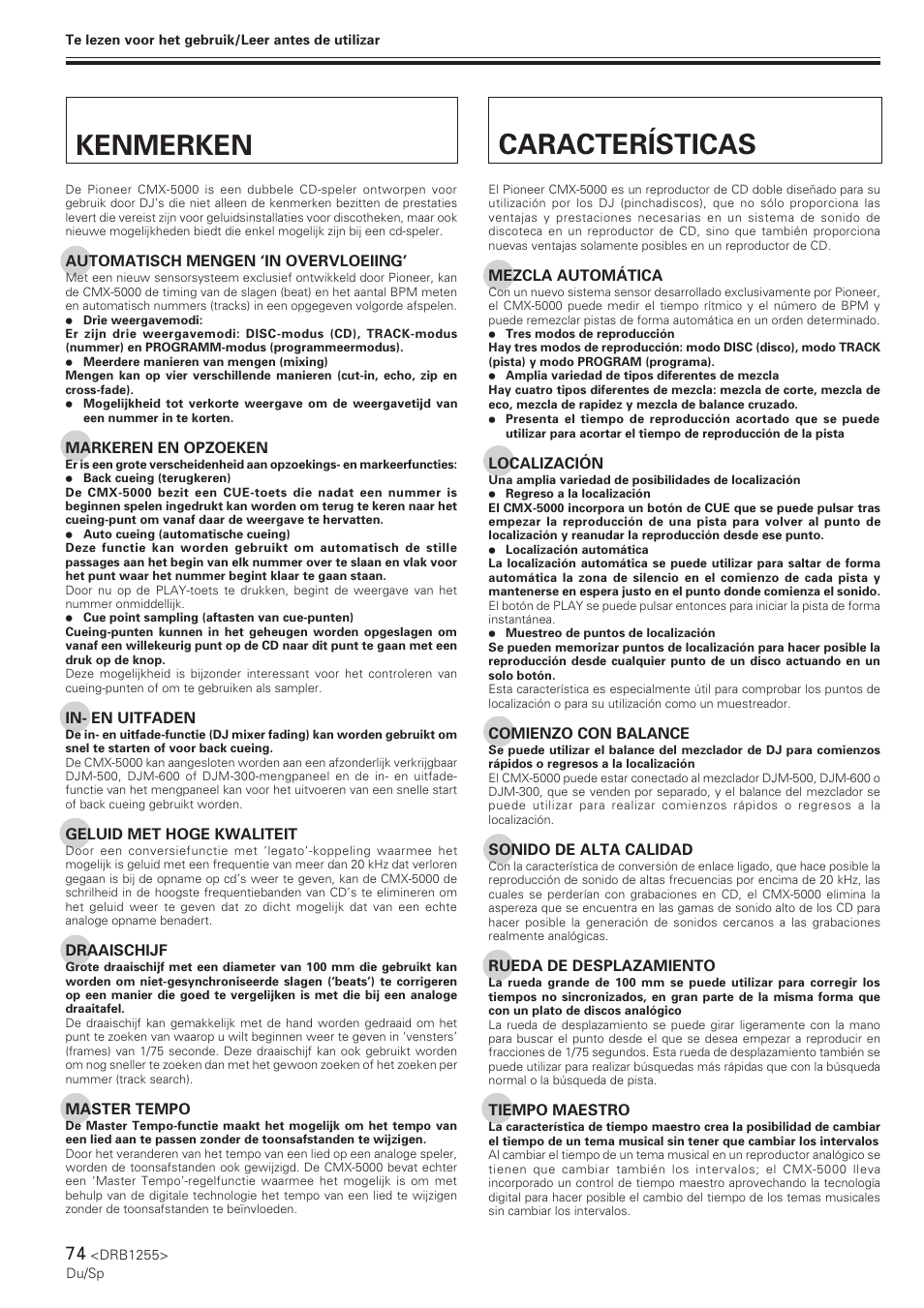 Kenmerken, Características, Kenmerken características | Pioneer CMX-5000 User Manual | Page 74 / 104