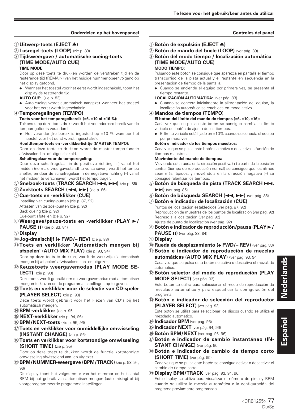 Nederlands español | Pioneer CMX-5000 User Manual | Page 77 / 104