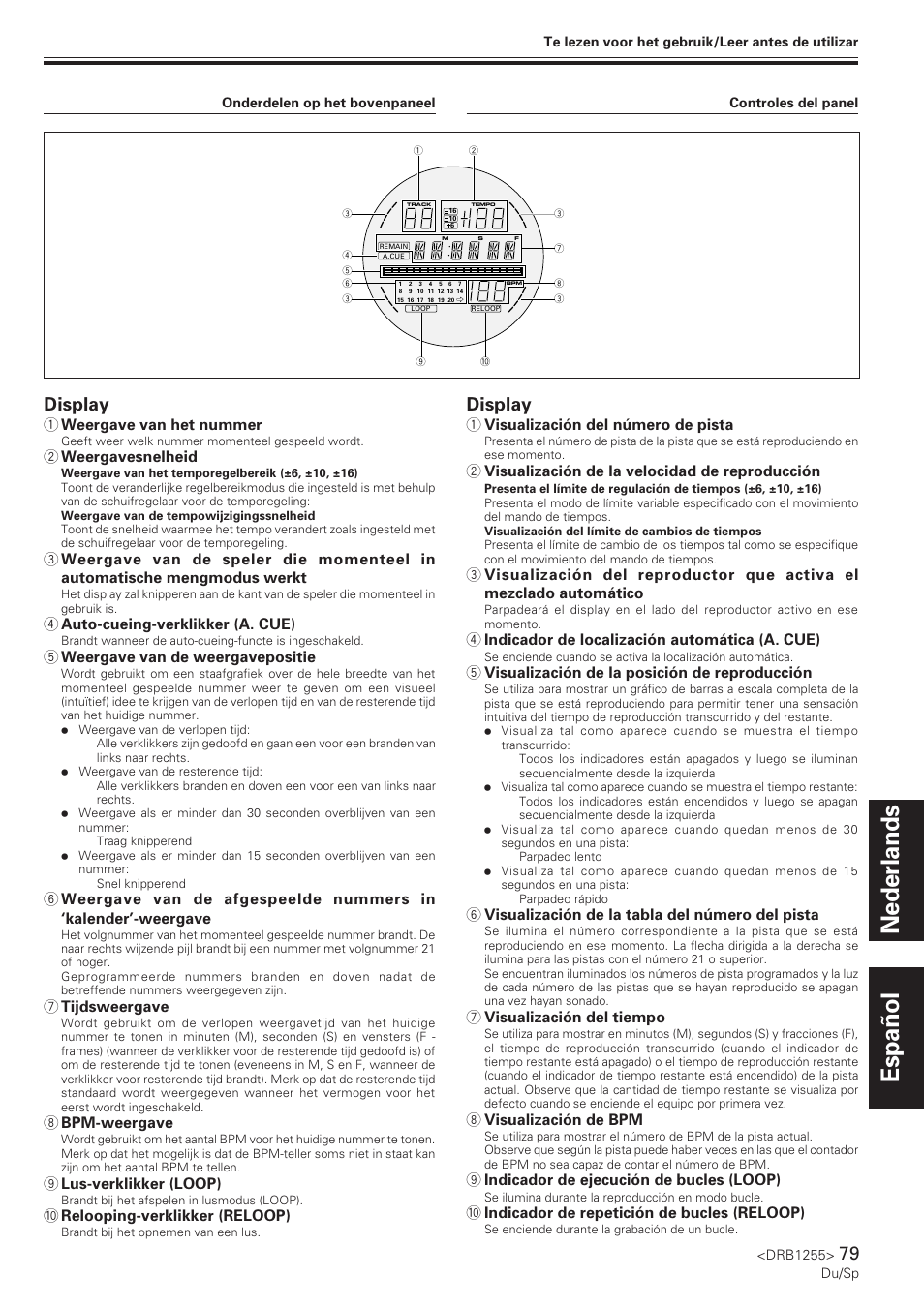 Nederlands español, Display, 1 weergave van het nummer | 2 weergavesnelheid, 4 auto-cueing-verklikker (a. cue), 5 weergave van de weergavepositie, 7 tijdsweergave, 8 bpm-weergave, 9 lus-verklikker (loop), 0 relooping-verklikker (reloop) | Pioneer CMX-5000 User Manual | Page 79 / 104