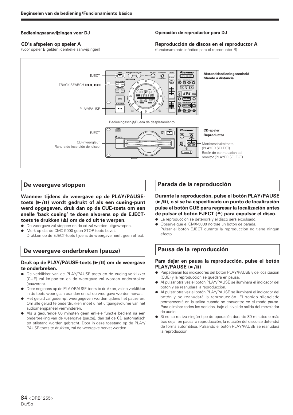 De weergave stoppen, De weergave onderbreken (pauze), Parada de la reproducción | Pausa de la reproducción, Reproducción de discos en el reproductor a, Cd’s afspelen op speler a, Drb1255> du/sp, Track, Tempo bpm, Beginselen van de bediening/funcionamiento básico | Pioneer CMX-5000 User Manual | Page 84 / 104