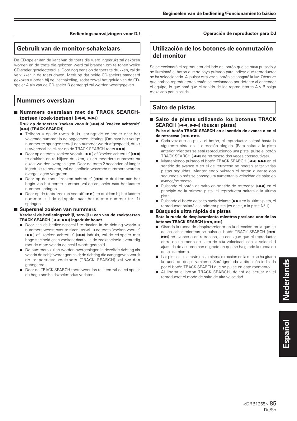 Gebruik van de monitor-schakelaars, Nummers overslaan, Salto de pistas | Nederlands español | Pioneer CMX-5000 User Manual | Page 85 / 104