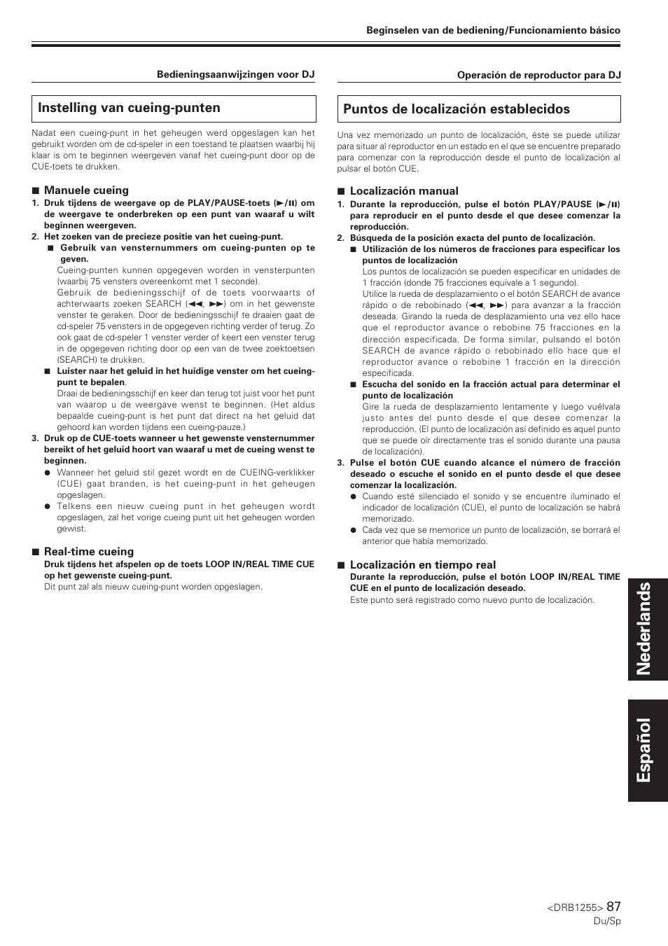 Instelling van cueing-punten, Puntos de localización establecidos, Nederlands español | Pioneer CMX-5000 User Manual | Page 87 / 104