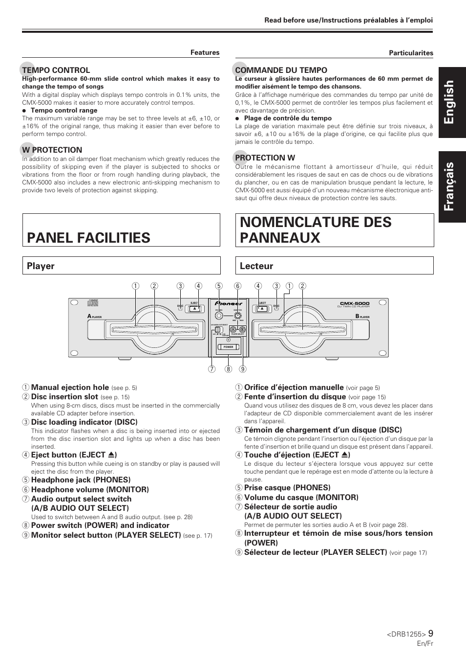 Panel facilities, Player, Nomenclature des panneaux | Lecteur, English français | Pioneer CMX-5000 User Manual | Page 9 / 104