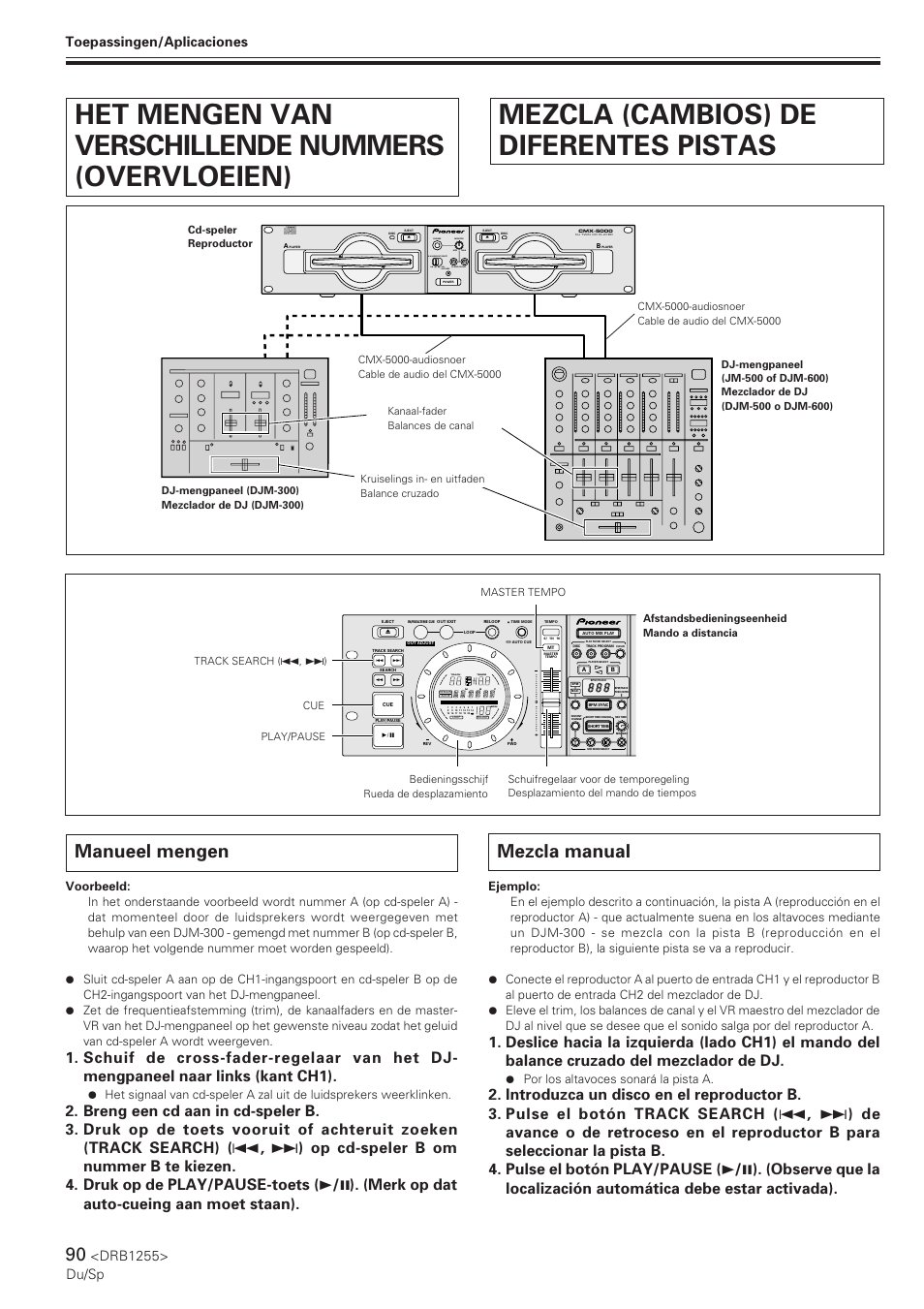 Het mengen van verschillende nummers, Overvloeien), Manueel mengen | Mezcla (cambios) de diferentes pistas, Mezcla manual, Drb1255> du/sp a•b audio-out select, Track, Tempo bpm, Toepassingen/aplicaciones, Por los altavoces sonará la pista a | Pioneer CMX-5000 User Manual | Page 90 / 104