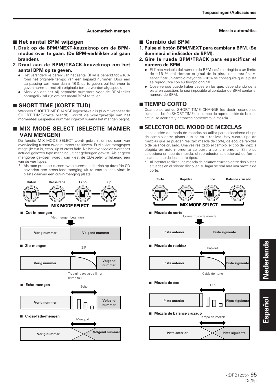 Nederlands español, 7 het aantal bpm wijzigen, 7 short time (korte tijd) | 7 mix mode select (selectie manier van mengen), 7 cambio del bpm, 7 tiempo corto, 7 selector del modo de mezclas | Pioneer CMX-5000 User Manual | Page 95 / 104