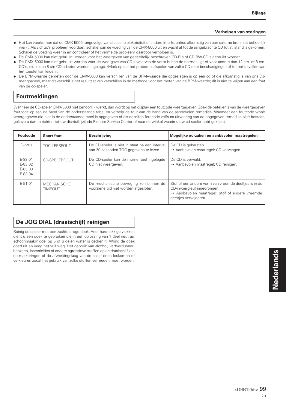 Foutmeldingen, De jog dial (draaischijf) reinigen, Nederlands español | Pioneer CMX-5000 User Manual | Page 99 / 104