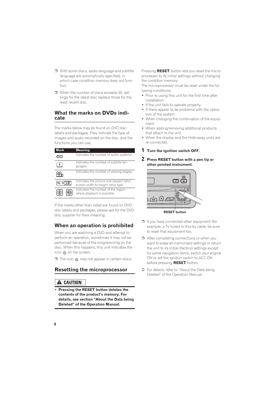 What the marks on dvds indicate 8, When an operation is prohibited, Resetting the microprocessor 8 | What the marks on dvds indi- cate, Resetting the microprocessor | Pioneer AVIC-X1R User Manual | Page 10 / 27