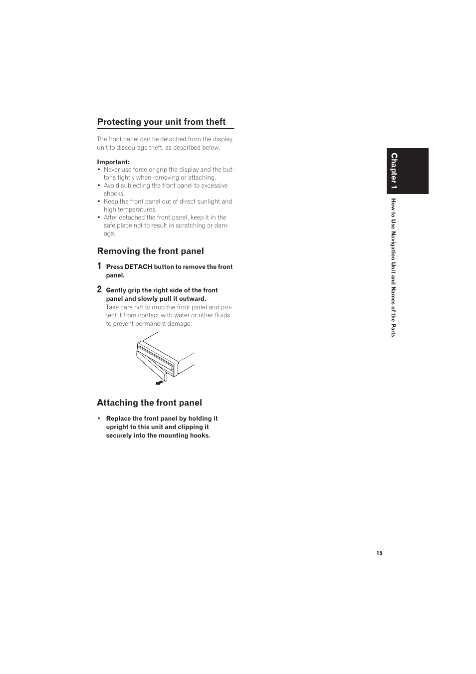 Protecting your unit from theft, Removing the front panel, Attaching the front panel | Pioneer AVIC-X1R User Manual | Page 17 / 27