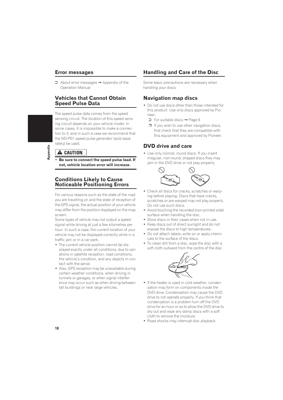 Error messages, Errors 18, Handling and care of the disc 18 | Navigation map discs, Dvd drive and care 18, Vehicles that cannot obtain speed pulse data, Handling and care of the disc, Dvd drive and care | Pioneer AVIC-X1R User Manual | Page 20 / 27