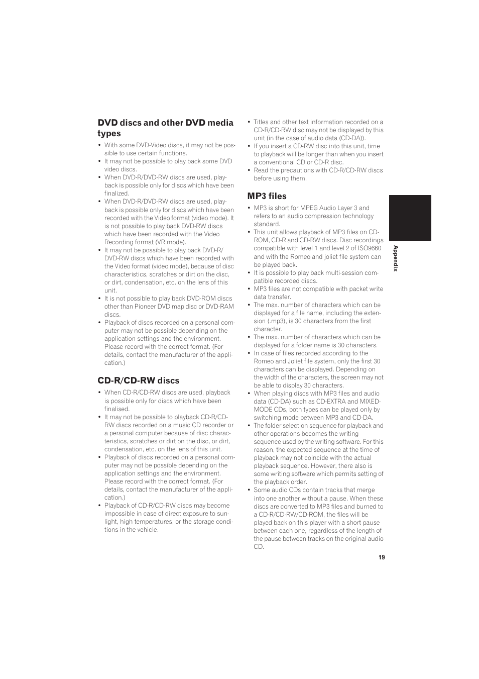 Mp3 files, Dvd discs and other dvd media types, Cd-r/cd-rw discs | Pioneer AVIC-X1R User Manual | Page 21 / 27