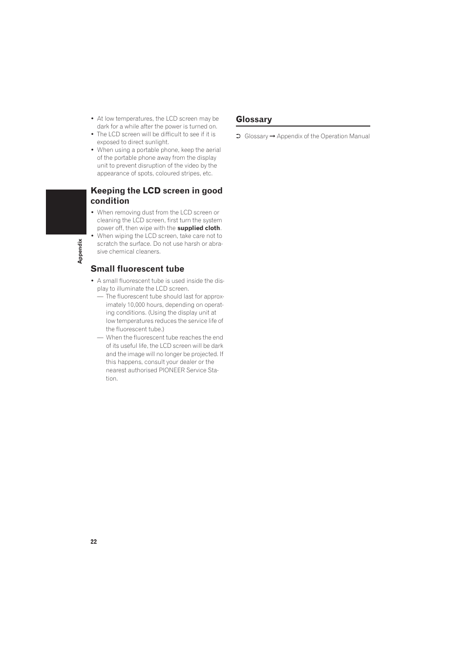 Glossary, Keeping the lcd screen in good condition, Small fluorescent tube | Pioneer AVIC-X1R User Manual | Page 24 / 27