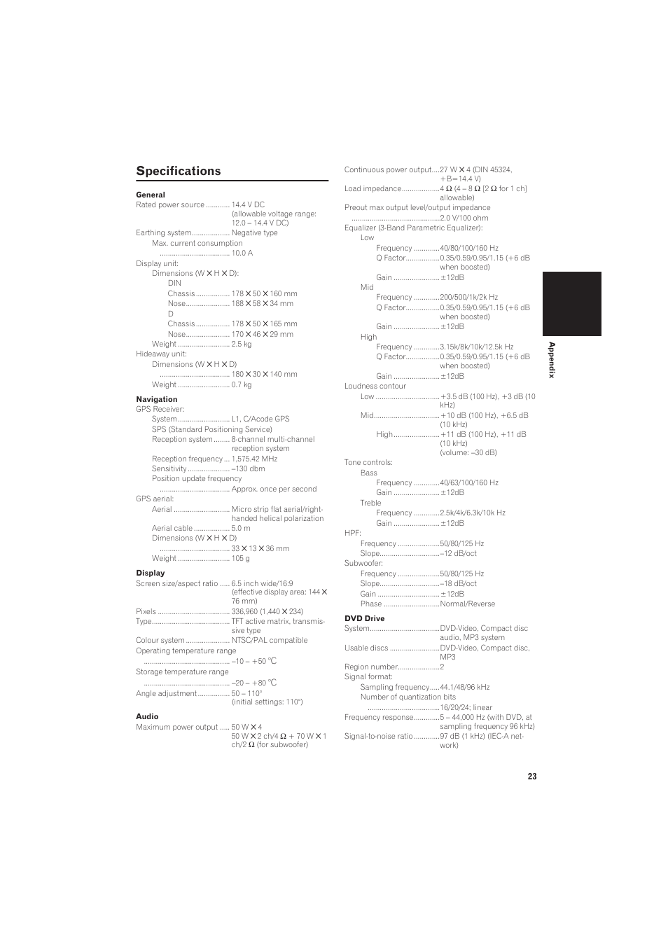 Specifications 23, Specifications | Pioneer AVIC-X1R User Manual | Page 25 / 27