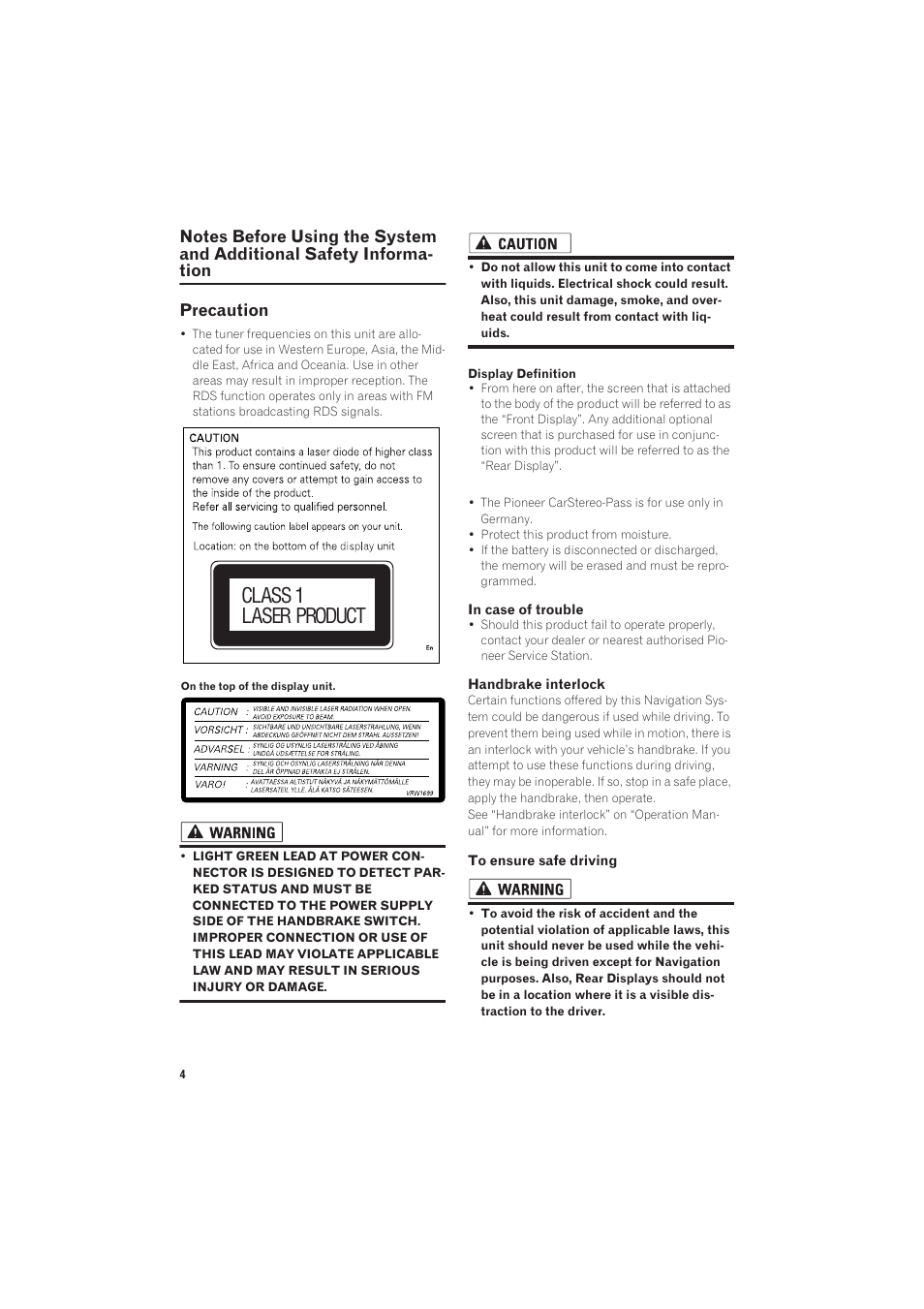 Notes before using the system and additional, Safety information, Precaution 4 | Class 1 laser product | Pioneer AVIC-X1R User Manual | Page 6 / 27