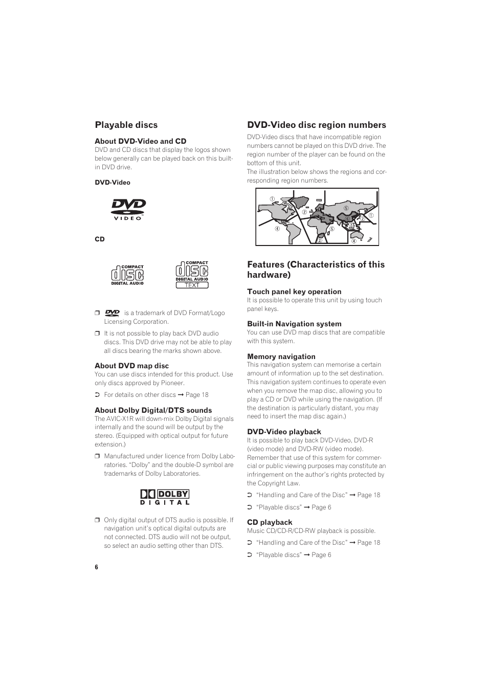 Playable discs 6 dvd-video disc region numbers, Features (characteristics of this hardware), Playable discs | Dvd-video disc region numbers | Pioneer AVIC-X1R User Manual | Page 8 / 27